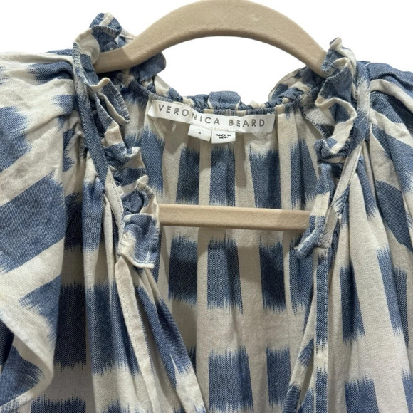 Veronica Beard Zee Ikat Ruffle Tiered Cotton Mini Dress Boho White Blue Sz 4 - Picture 8 of 15
